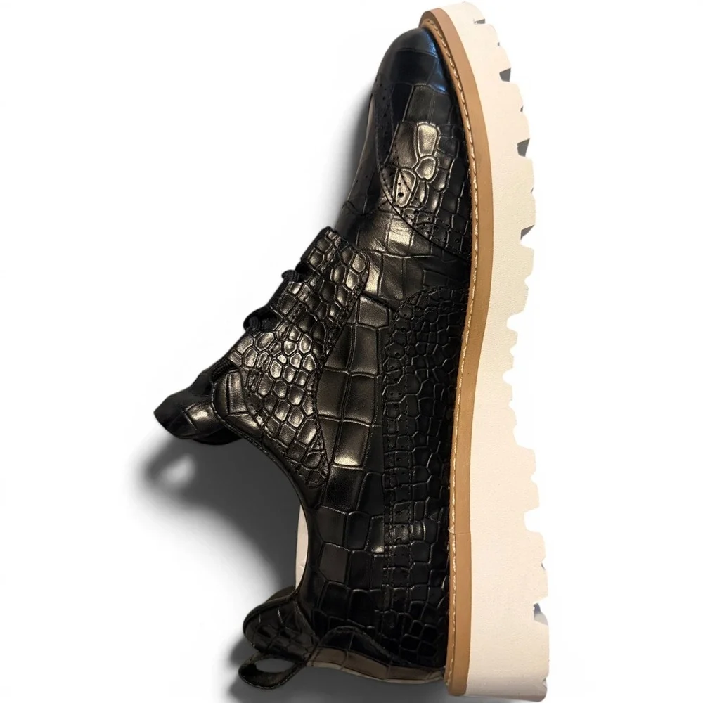 Mens Black Crocodile Embossed Wingtip Brogue Lug Sole Dress Shoes 9.5 60818